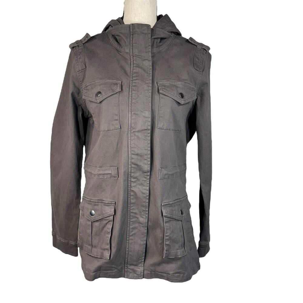 Market & Spruce Medium Kathleen Cargo Jacket Hooded Pockets Stretch Full-Zip New